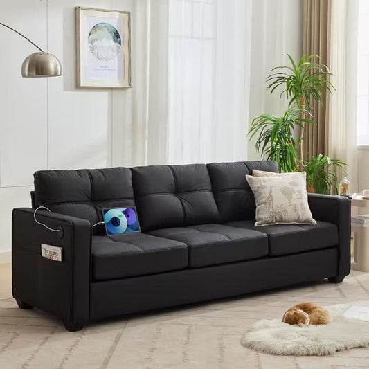 TYBOATLE 88" Faux Leather L-Shaped Sectional Sofa, Comfy Modular Couch with Chaise & USB, Convertible Sofa for Living Room, Bedroom, or Small Spaces