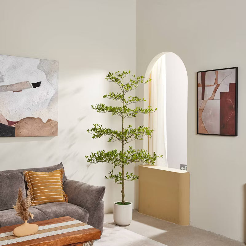 Dr.Planzen Artificial Shady Lady Tree with Layered Leaves, Faux Black Olive Tree in White Planter, Indoor Tree Decor for Home Office Living Room