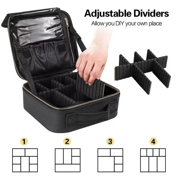 Travel Makeup Bag Organizer With Adjustable Dividers，Waterproof Shockproof Handbag, Black