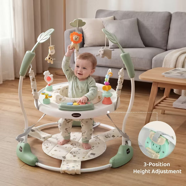 Kinder King Baby Activity Center Jumper, 360 Rotating Seat, 3-Level Adjustable Height, Interactive Toys, Removable Foot Mat, Green