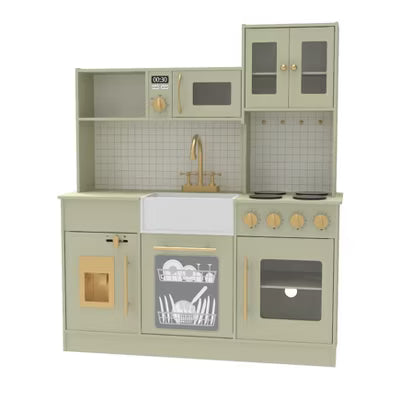 Kinder King Wooden Kids Play Kitchen, Toy Kitchen Playset for Toddler, Pretend Oven, Microwave, Realistic Kitchen Sets for Boys Girls Age 3+, Green