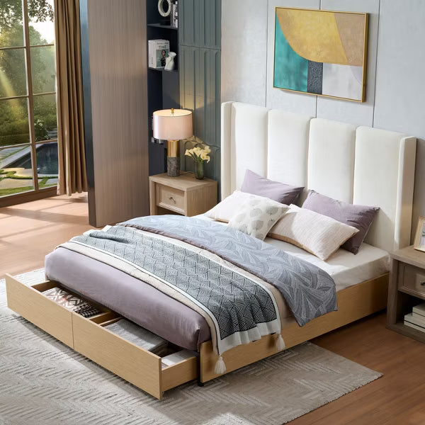 King Size Upholstered Platform Bed with 2 Footboard Storage Drawers,Vertical Channel Tufted Headboard,No Box Spring Needed,Easy Assembly,Beige