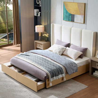 King Size Upholstered Platform Bed with 2 Footboard Storage Drawers,Vertical Channel Tufted Headboard,No Box Spring Needed,Easy Assembly,Beige