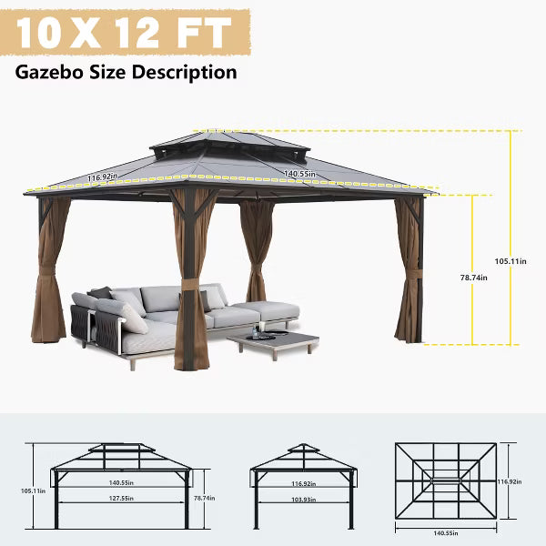 10 ft. x 12 ft. Hardtop Double Roof Gazebo with Netting and Curtains, and Polycarbonate Canopy for Patio & Backyard