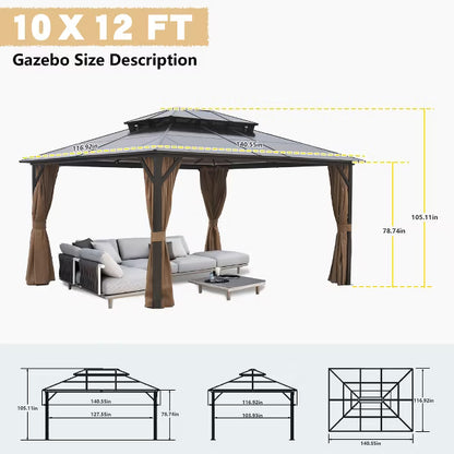 10 ft. x 12 ft. Hardtop Double Roof Gazebo with Netting and Curtains, and Polycarbonate Canopy for Patio & Backyard