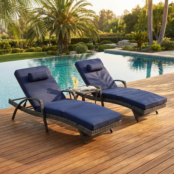 Outdoor Wicker Reclining Lounge Chair Set of 2 with Thick Cushions, Adjustable Backrest, All-Weather PE Rattan Patio Furniture for Poolside, Garden