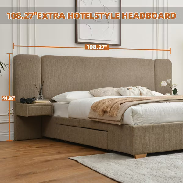King Size Upholstered Platform Bed with Integrated Nightstands 2 Spacious Storage Drawers,Carbon Steel Frame,No Box Spring Needed,Easy Assembly,Brown