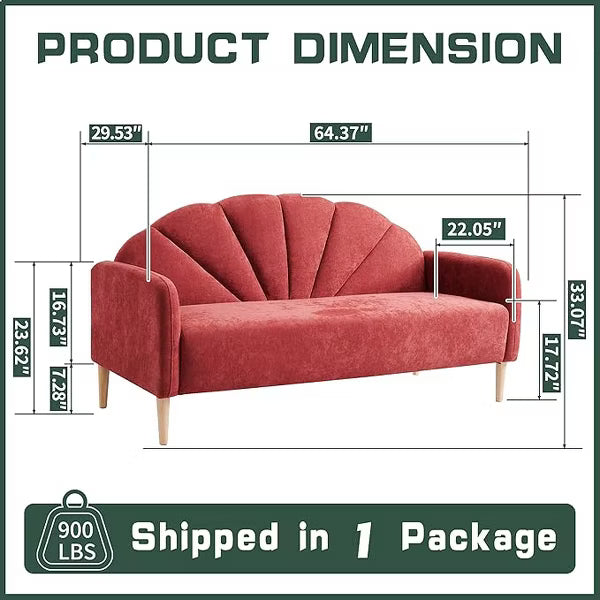Mid Century Modern 3-Seater Shell Back Sofa - Linen Fabric with Wooden Legs, 6 Colors, Easy Quick Assembly