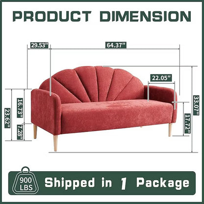 Mid Century Modern 3-Seater Shell Back Sofa - Linen Fabric with Wooden Legs, 6 Colors, Easy Quick Assembly