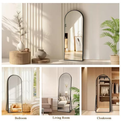 SEVOBAL 58"x18" Full Length Mirror with Arched Top Shatterproof Floor Mirror with Aluminum Frame for Living Room, Black, 149.4"*54"*3.5"