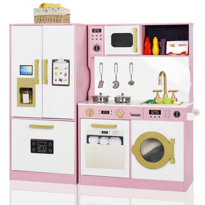 TODECARE Wooden Play Kitchen for Kids with Ice Maker, Freezer and Washing Machine, Gift for Boys and Girls Age 3+