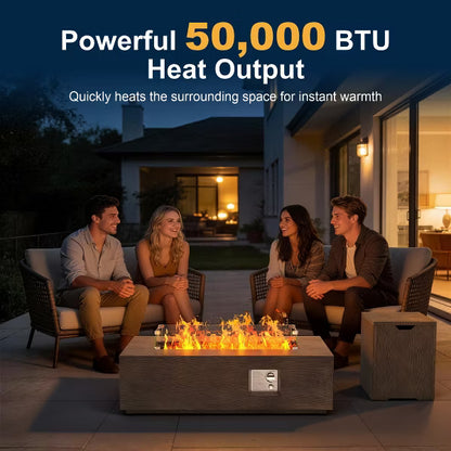 Evita 42" Gas Fire Pit Table, 50,000 BTU Propane Burner with Windshield&Rain Cover&Glass Stone, 2-in-1 Fire Pit&Table for Patio，Backyard Gatherings