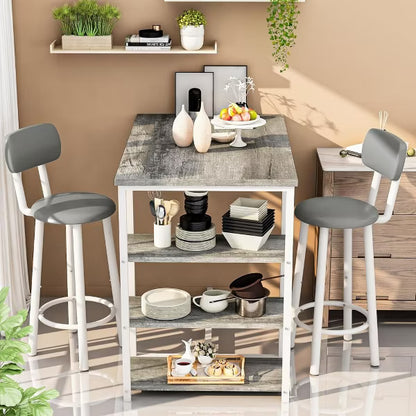 Hooseng Kitchen Dining Table Set for 2, Bar Table and Chairs Set with 3 Storage Shelves and 2 PU Leather Backrest Stools for Small Space