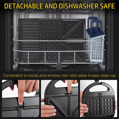 OSTBA 3-in-1 Sandwich Maker, Panini Press, Waffle Iron with 3 Removable Non-Stick Plates, 750W Toaster for Sandwiches, Grilled Cheese, Steak — Black
