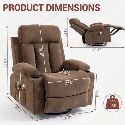 Bosmiller Rocker Recliner Chair with Vibration Massage and Heat, 360 Swivel Rocking, Ergonomic Lounge Chair with Side Pocket, Cup Holders, Brown