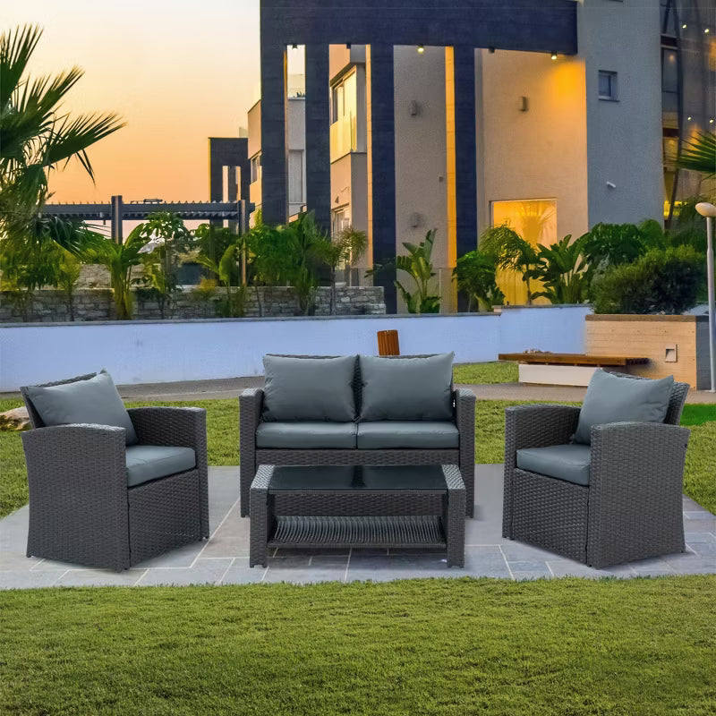 ELJGET 4 Pieces Patio Conversation Set, Outside Rattan Sectional Sofa Furniture Set with Cushion for Garden, Porch, Backyard, Grey