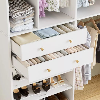 PAKASEPT 5FT Closet System with 2 Wood Drawers, 59" Closet Organizer System with Shoe Rack, 3 Hanging Rods, Wardrobe Clothes Garment Rack