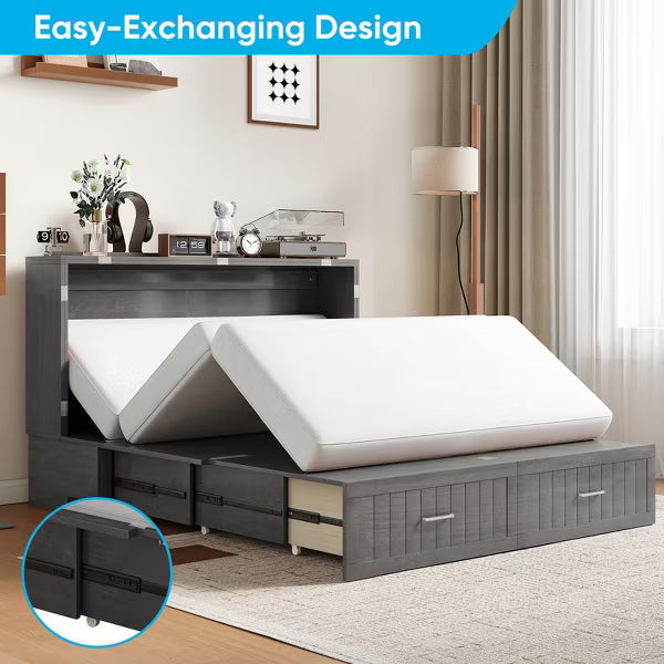 Mjkone Murphy Cabinet Bed, Queen Murphy Bed with Tri-Folding Mattress and Charging Ports, Drawer