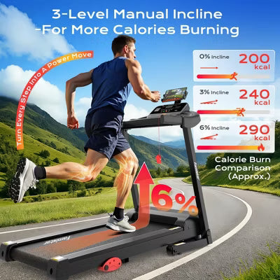 Folding Treadmill 350 lbs Capacity for Home, Incline Treadmill for Exercising, 6% Manual Incline, 7.5MPH, 16'' Wide Belt, 71 Programs, Knee Support