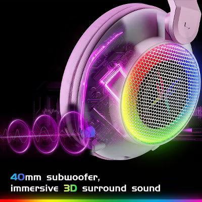 Tri-mode gaming headset, over-ear design, RGB lighting, noise cancellation, long battery life, multi-device compatibility.