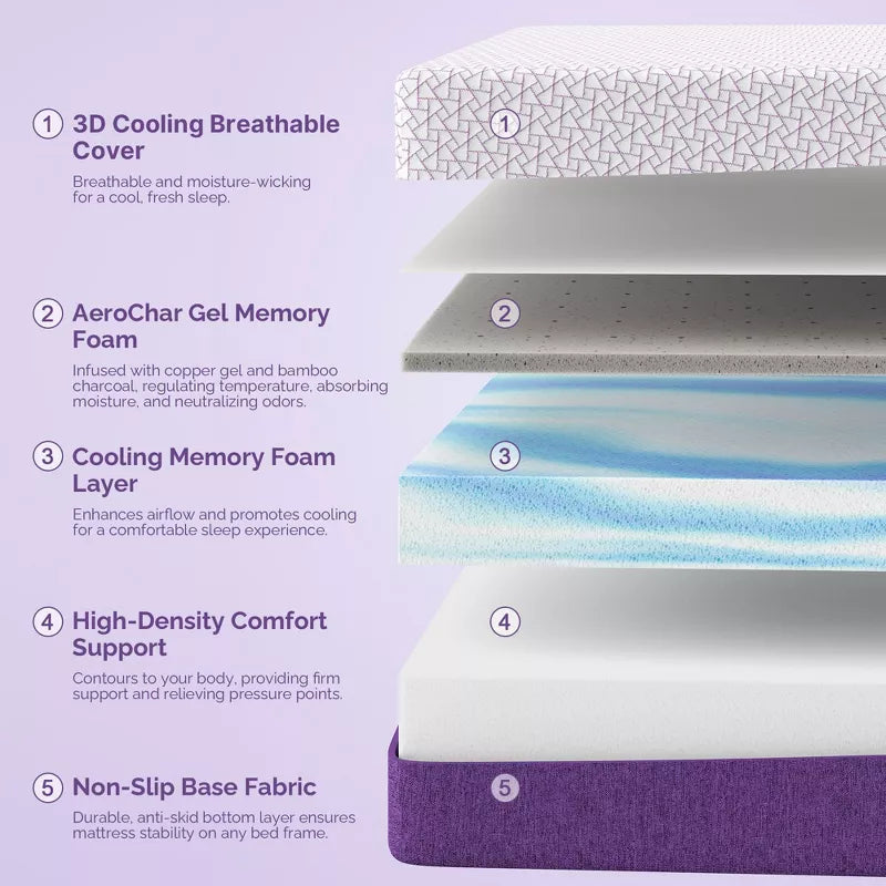 Sersper 14 inch AeroChar Cooling Gel Memory Foam Mattress, CertiPUR-US & OEKO-TEX Certified