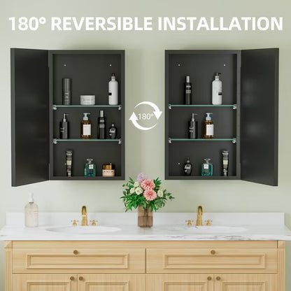Elise 14'' x 24'' Medicine Cabinet with Mirror, Surface-Mounted or Recessed Bathroom Medicine Cabinet, Adjustable Tempered Glass Shelves,Black