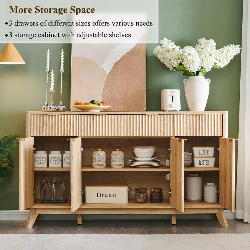 60" Buffet Sideboard Cabinet, Fluted Coffee Bar Table with 3 Drawers & 4 Doors, Modern Sideboard for Dining Room, Living Room