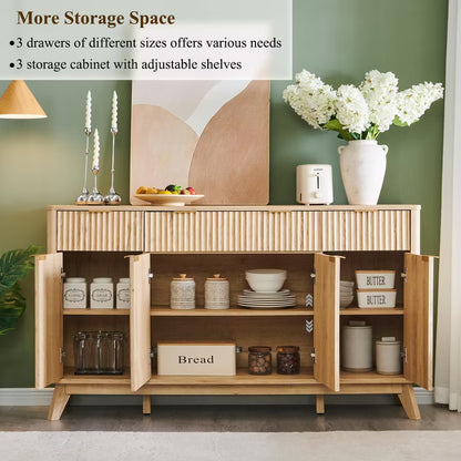 60" Buffet Sideboard Cabinet, Fluted Coffee Bar Table with 3 Drawers & 4 Doors, Modern Sideboard for Dining Room, Living Room