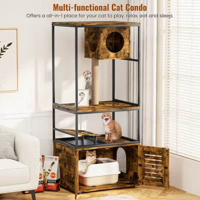Hooseng Cat Litter Box Enclosure with Feeding Station, Indoor All-In-One Large Hidden Cat Washroom with Condol, Sisal Scratching Post and Perch