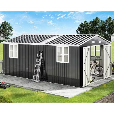 AMERLIFE Steel Storage Shed with 4-Pane Windows, Hinged Double Doors, Dark Grey/White