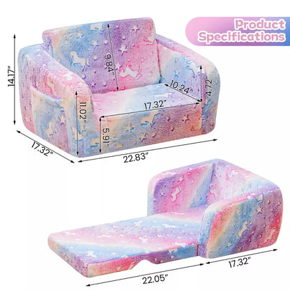 Hooseng Toddler Couch, 2-in-1 Glow-in-The-Dark Plush Kids Fold-Out Sofa, Convertible Kids Sofa to Lounger with Straight Armrests for Boys & Girls