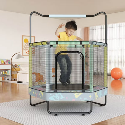 Hooseng 55" Hexagon Trampoline for Kids with Safety Enclosure Net, Indoor & Outdoor Toddler Trampoline with Adjustable Gymnastics Bar & Toys
