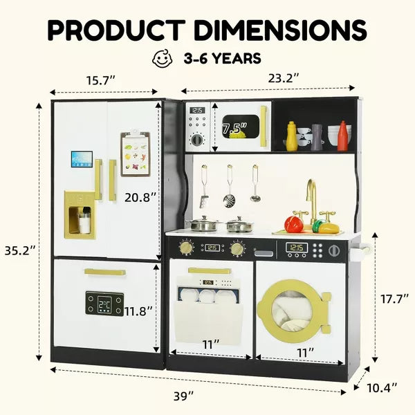 Wooden Play Kitchen Set for Kids with Sink, Freezer, Ice Maker, Washing Machine & Accessories Large Storage & Realistic Features