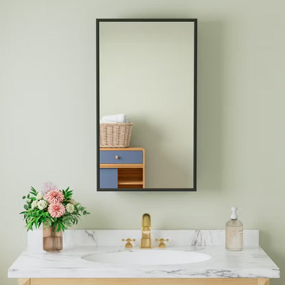 Elise 14'' x 24'' Medicine Cabinet with Mirror, Surface-Mounted or Recessed Bathroom Medicine Cabinet, Adjustable Tempered Glass Shelves,Black
