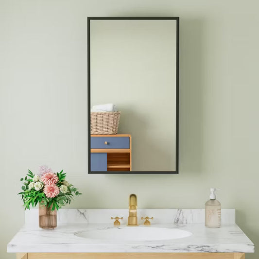 Elise 14'' x 24'' Medicine Cabinet with Mirror, Surface-Mounted or Recessed Bathroom Medicine Cabinet, Adjustable Tempered Glass Shelves,Black