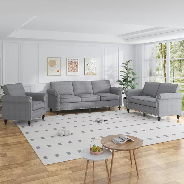 Mjkone 3 Piece Linen Living Room Sofa Set,Modern 3-Seater Sofa Couch&Loveseat Sofa&Single Sofa Armchair Set