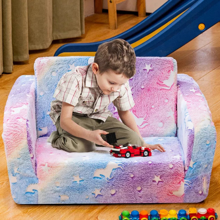 Hooseng Toddler Couch, 2-in-1 Glow-in-The-Dark Plush Kids Fold-Out Sofa, Convertible Kids Sofa to Lounger with Straight Armrests for Boys & Girls