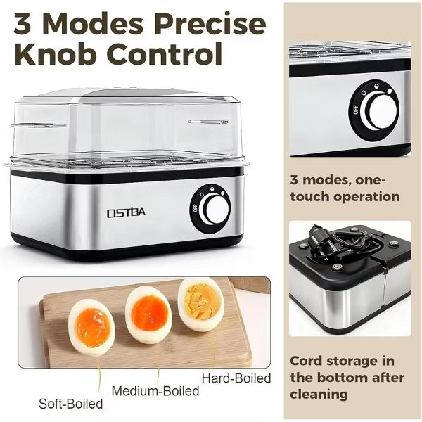 OSTBA 500W Stainless Steel Egg Cooker, 8-Egg Steamer with Timer, Buzzer & Auto Shut-Off, Includes Poaching Bowl