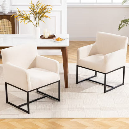 KERDOM Set of 2 Upholstered Dining Chairs with Arms, Modern Accent Chairs with Black Metal Base, 250 lbs Capacity,Beige