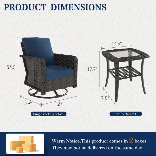 SUGOLD 3-Piece Patio Conversation Set with 2 Swivel Rocking Chairs and Side Table Outdoor Rattan Furniture