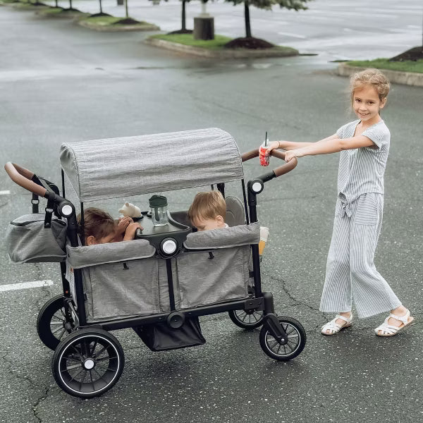 Kinder King Folding Wagon Stroller for 2 Kids, Adjustable Handle, All-Terrain Shock-Absorbing Wheel, Detachable Tray, Diaper Bag