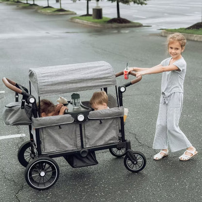 Kinder King Folding Wagon Stroller for 2 Kids, Adjustable Handle, All-Terrain Shock-Absorbing Wheel, Detachable Tray, Diaper Bag