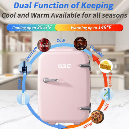 YASHE Mini Fridge, 4 Liter/ 6 Cans Skincare Fridge for Bedroom, 110V AC/ 12V DC Thermoelectric Cooler and Warmer for Drink, Office and Car