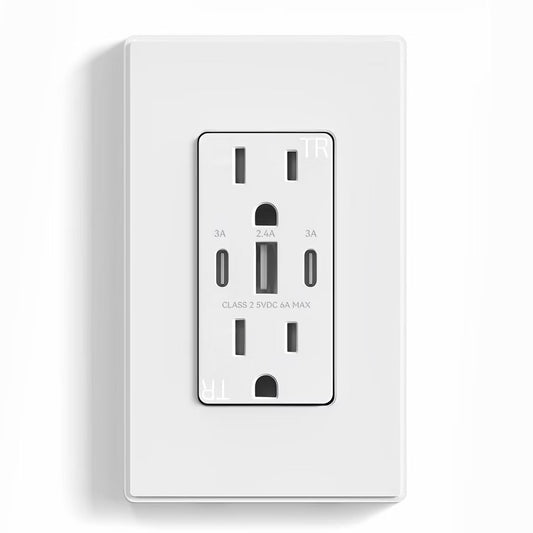ELEGRP 30W 6.0 Amp 3-Port USB Wall Outlet, 15A Duplex Receptacle with Dual Type C & A Ports, UL Listed, w/Wall Plate,Matte White 1PC