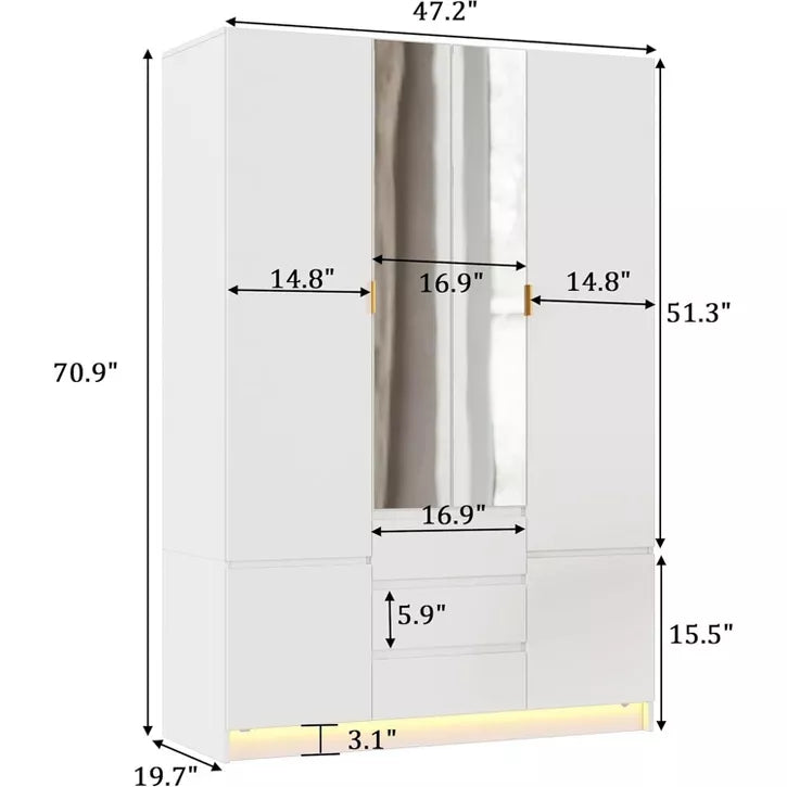 PAKASEPT 47" W Armoire Wardrobe Closet with 4 Door & 2 Mirror, with LED Light & 3 Drawers, Storage Cabinet with Hanging Rod for Bedroom