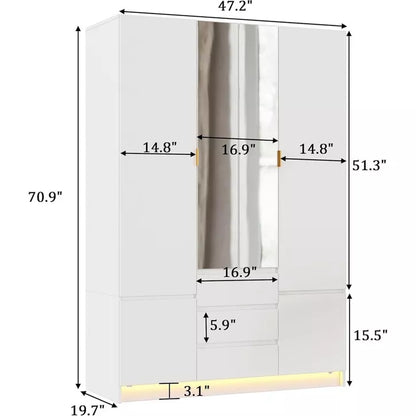 PAKASEPT 47" W Armoire Wardrobe Closet with 4 Door & 2 Mirror, with LED Light & 3 Drawers, Storage Cabinet with Hanging Rod for Bedroom