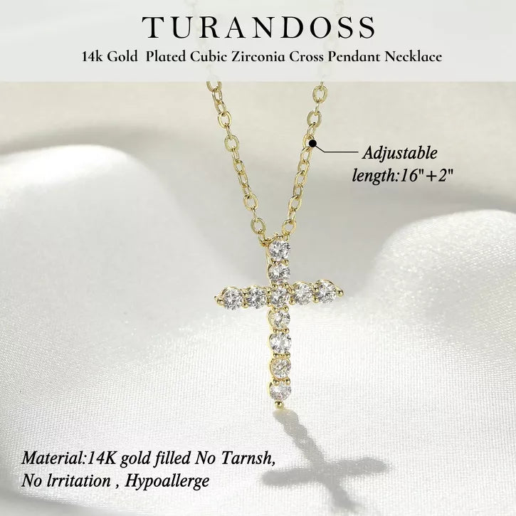 Turandoss Dainty Gold Cross Necklaces for Women Trendy, Diamond Necklace Hypoallergenic, Gold Jewelry for Women, Birthday Gifts for Her, 16+2.5in Gold