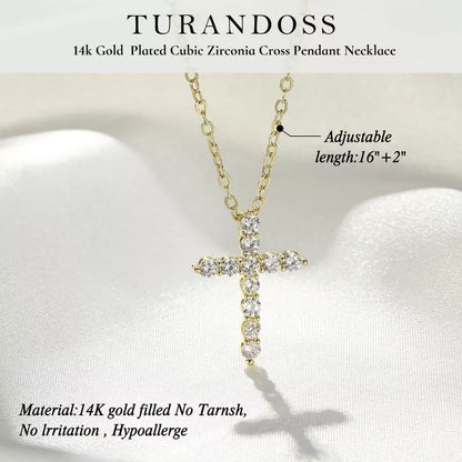 Turandoss Dainty Gold Cross Necklaces for Women Trendy, Diamond Necklace Hypoallergenic, Gold Jewelry for Women, Birthday Gifts for Her, 16+2.5in Gold