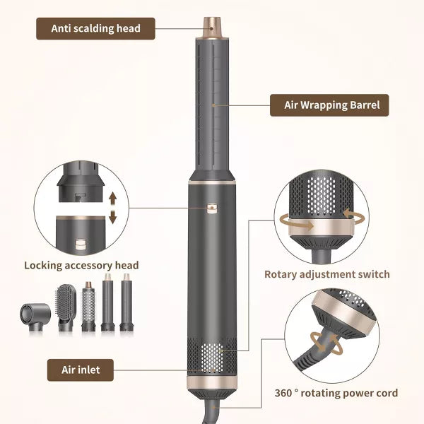 Dryhsip 5-in-1 Hair Dryer Brush Hot Air Styler,Curling & Straightening Brush,Negative Ion,Multi Function,3 Heat Settings,for All Hair Types,Grey