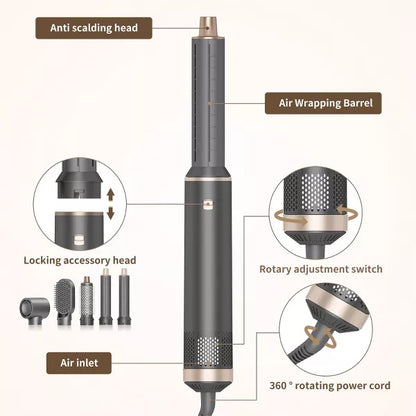 Dryhsip 5-in-1 Hair Dryer Brush Hot Air Styler,Curling & Straightening Brush,Negative Ion,Multi Function,3 Heat Settings,for All Hair Types,Grey